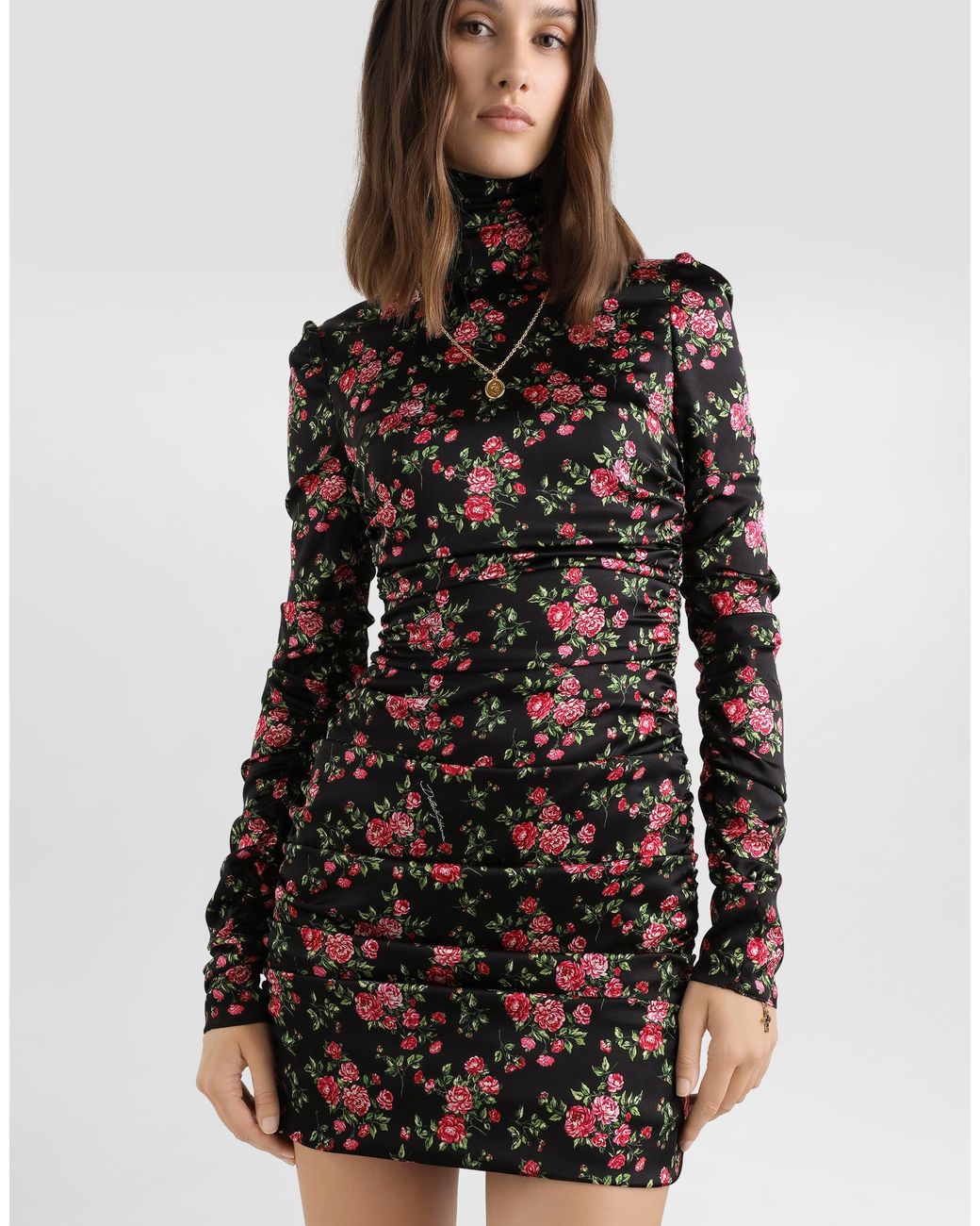 Dolce & Gabbana Black Small Rose Bouquets-Print Long Satin Dress
