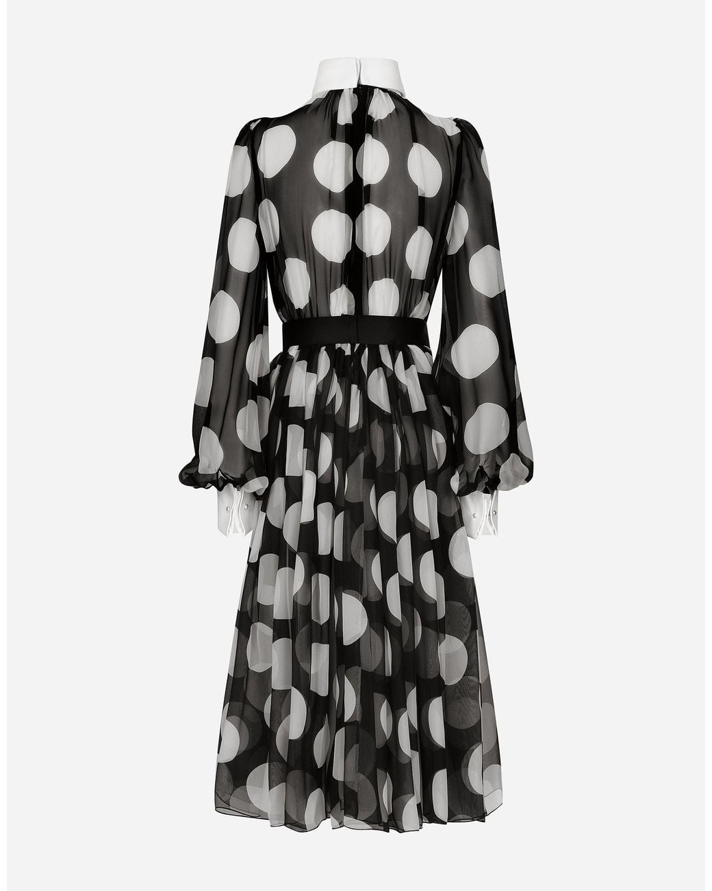 Dolce & Gabbana Black Polka Dot Long Sleeve Belted Chiffon Midi Dress