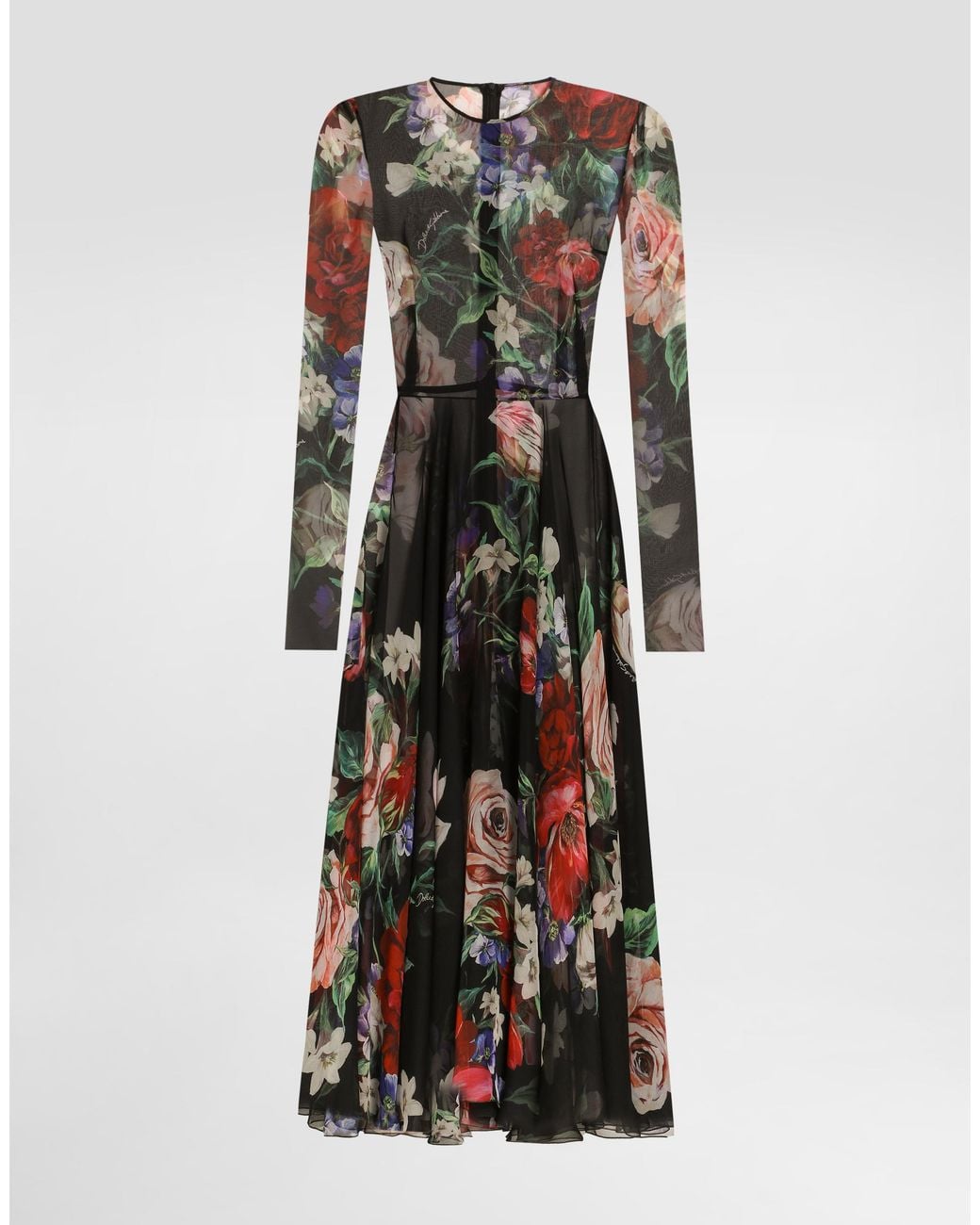 Dolce & Gabbana Multicolor Floral- Chiffon Calf-Length Dress With Circle Skirt