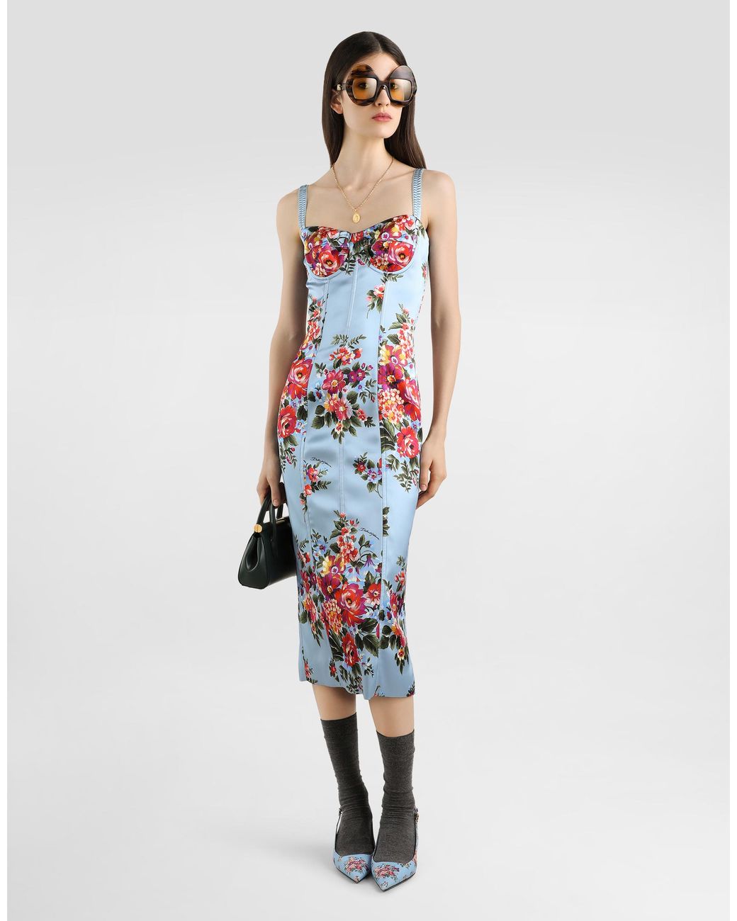 Dolce & Gabbana White Flower Bouquet-Print Satin Dress