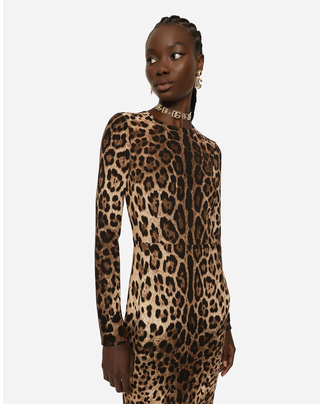 Dolce & Gabbana Natural Leopard-Print Cady Dress With Long Sleeves