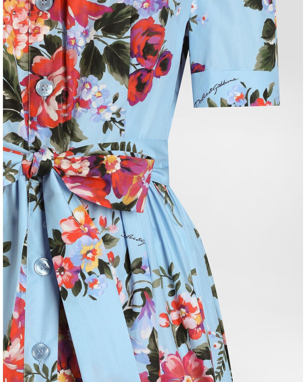 Dolce & Gabbana White Flower Bouquet-Print Poplin Shirt Dress