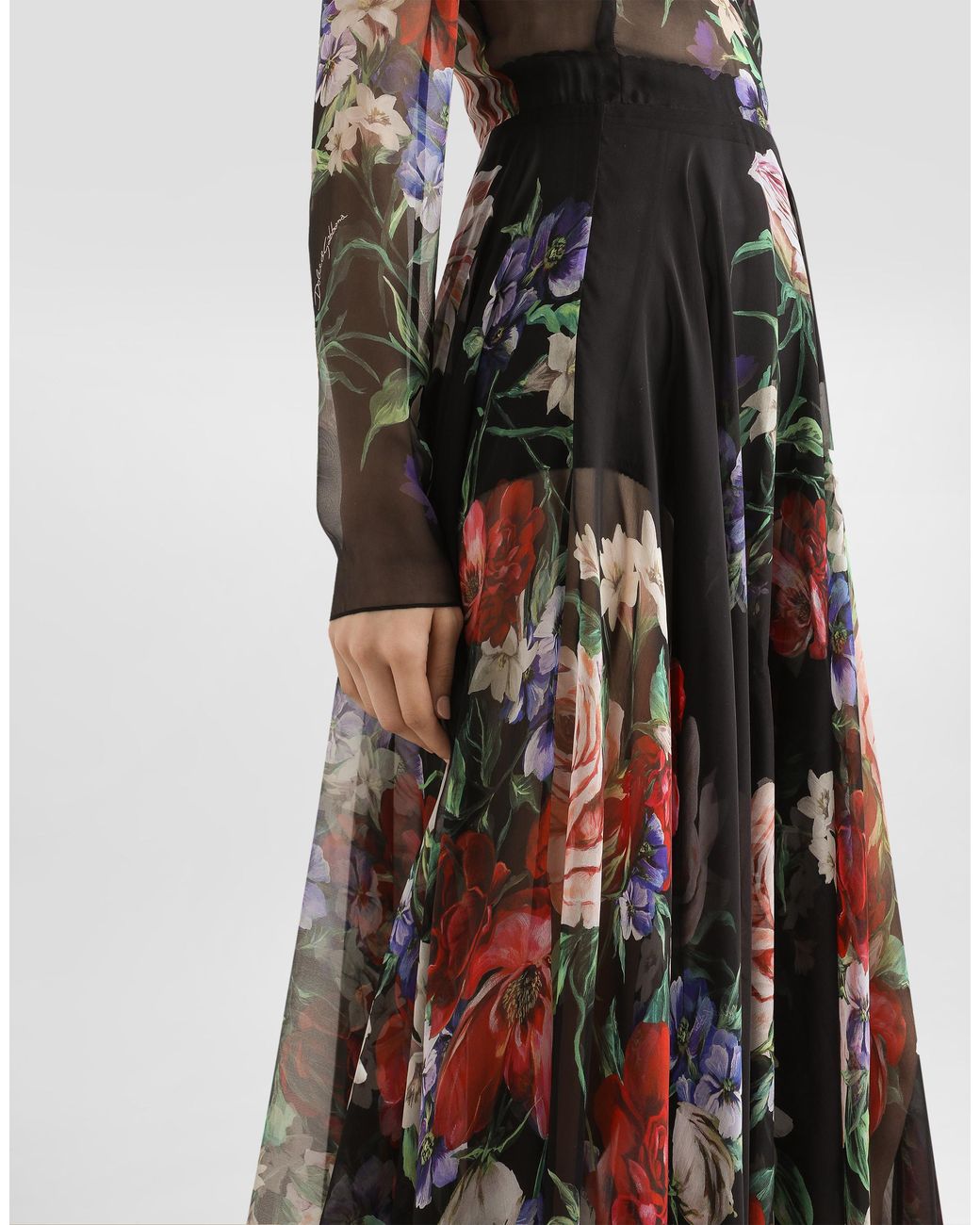 Dolce & Gabbana Multicolor Floral- Chiffon Calf-Length Dress With Circle Skirt