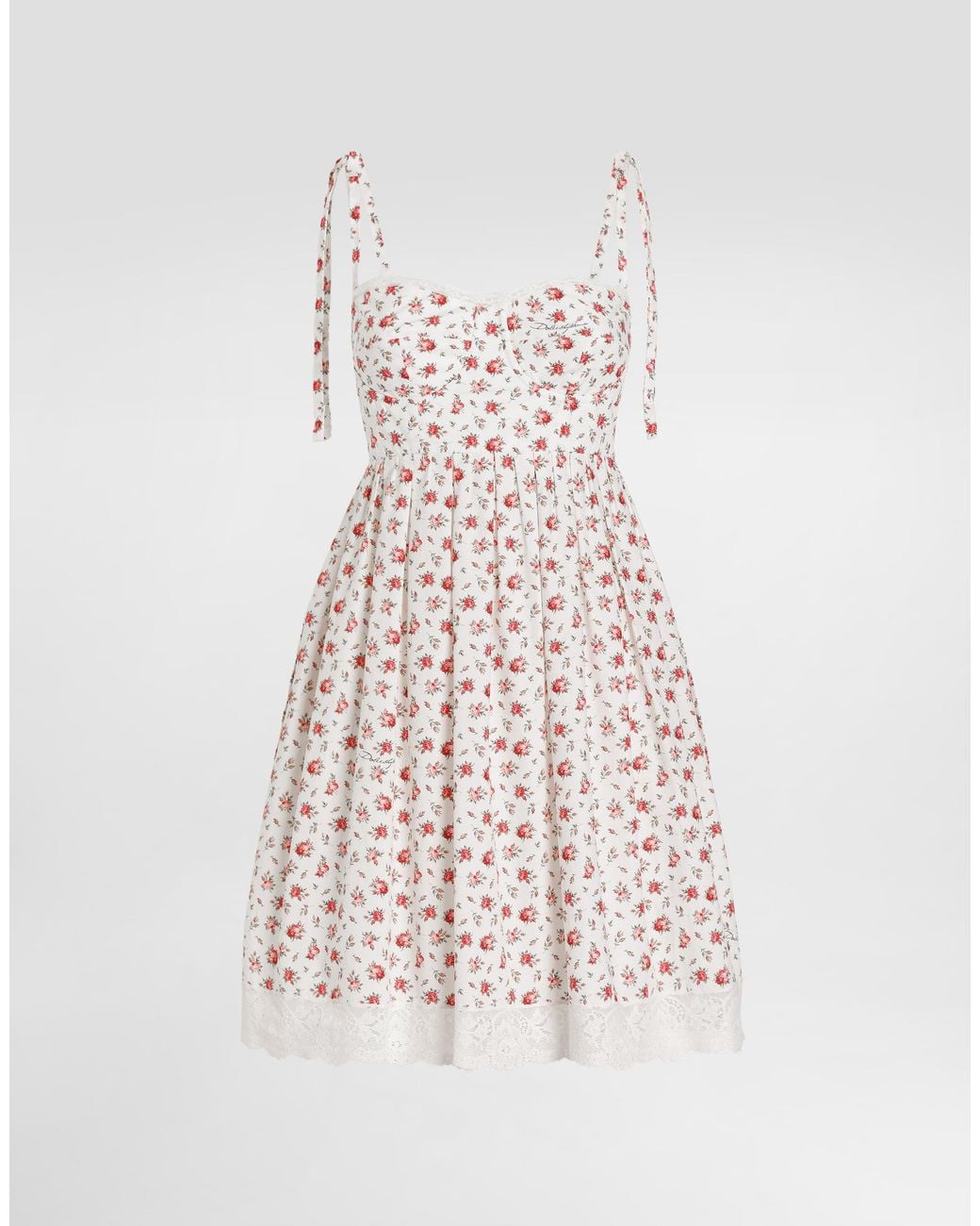 Dolce & Gabbana White Small Rose-Print Short Poplin Dress