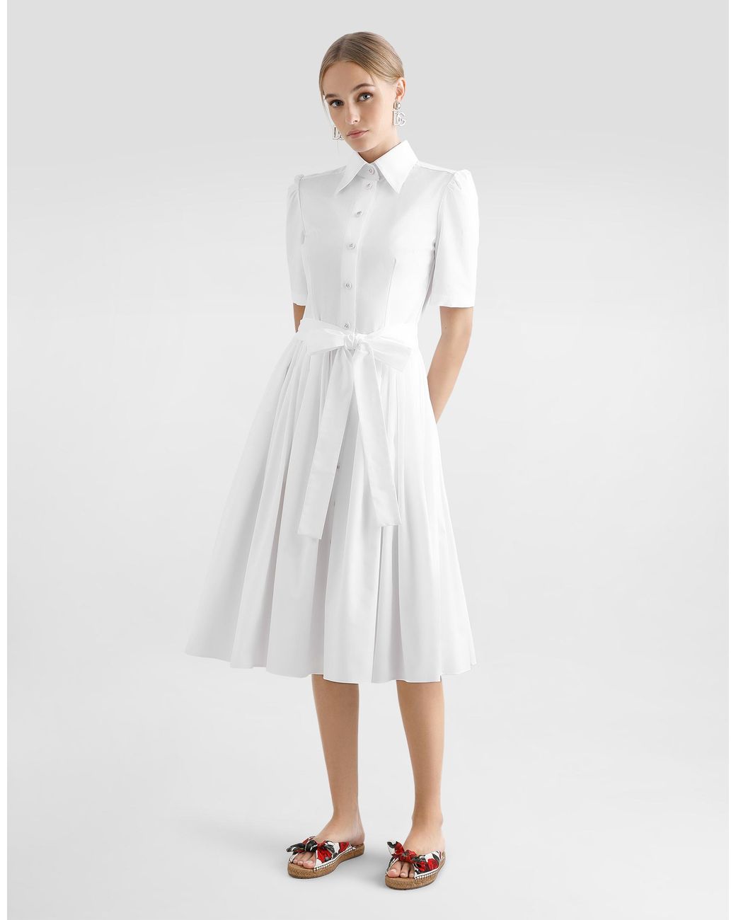 Dolce & Gabbana White Cotton Calf-Length Shirt Dress