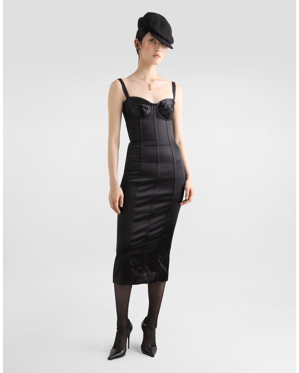 Dolce & Gabbana Black Satin Calf-Length Corset Dress With Bra Detail