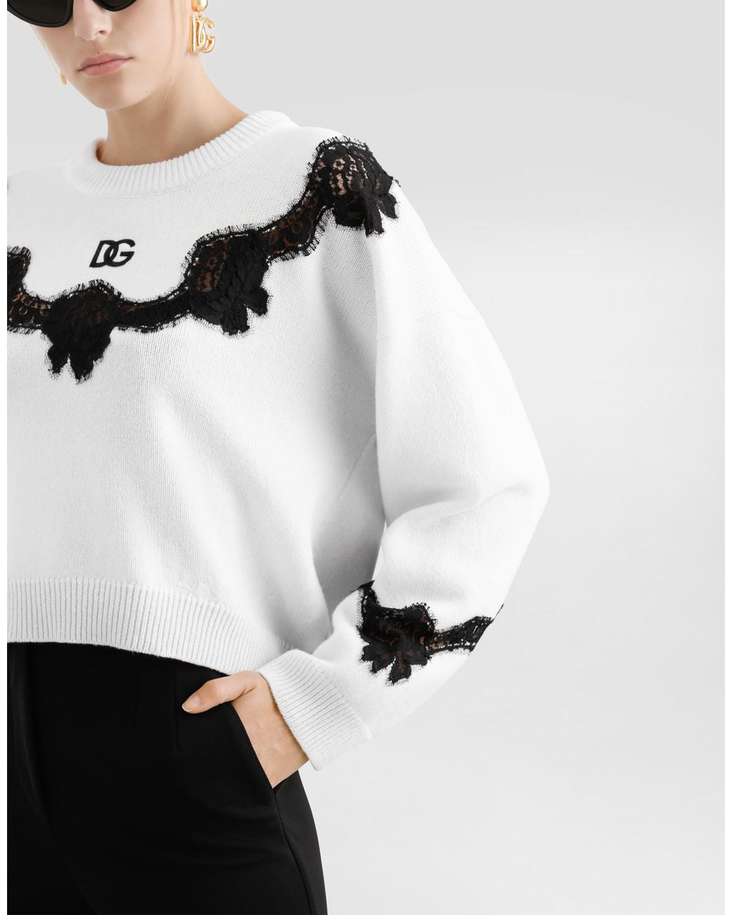 Dolce & Gabbana Black Wool Sweater With Dg Logo And Lace Inserts