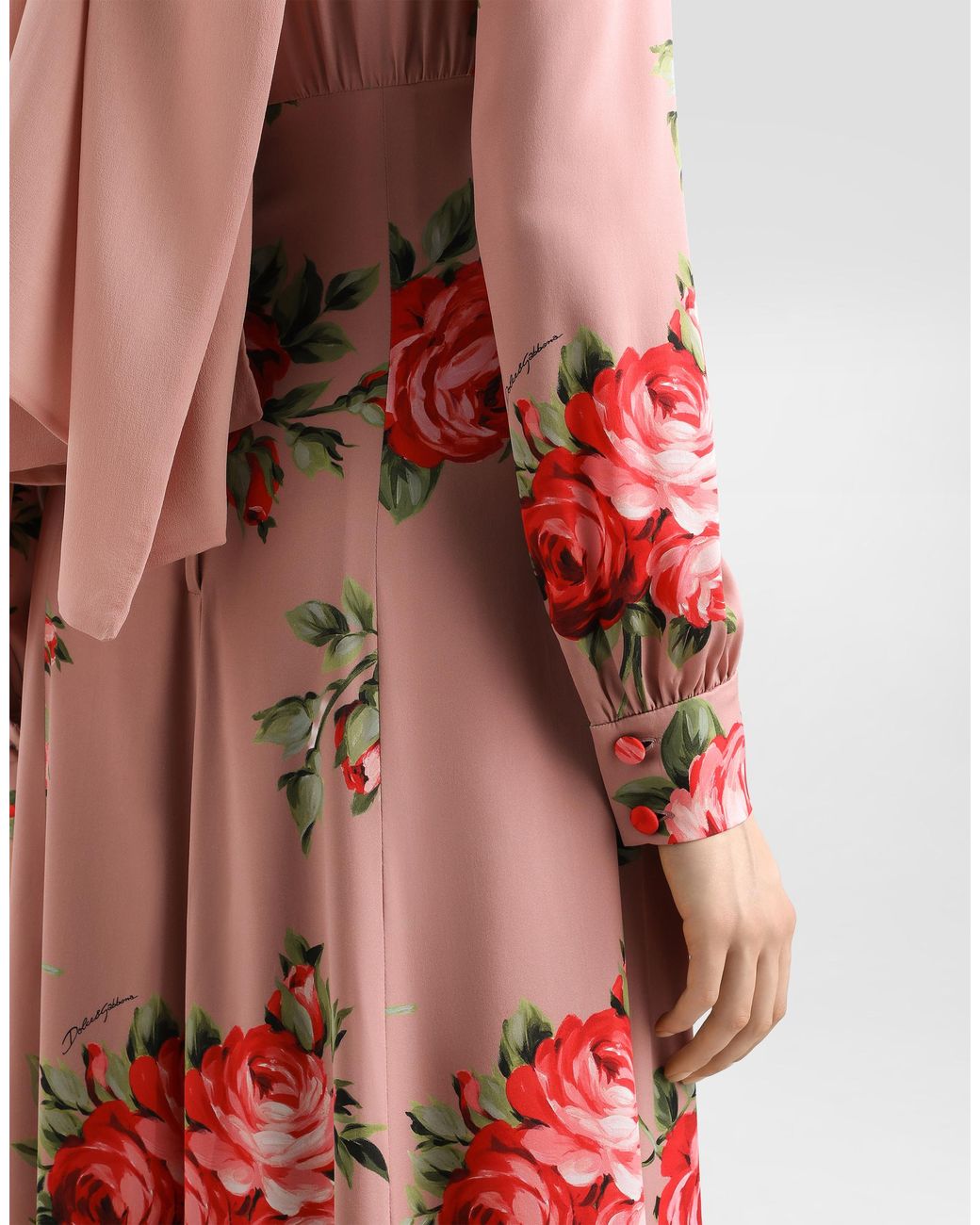 Dolce & Gabbana Red Rose Bouquet-Print Charmeuse Long Dress