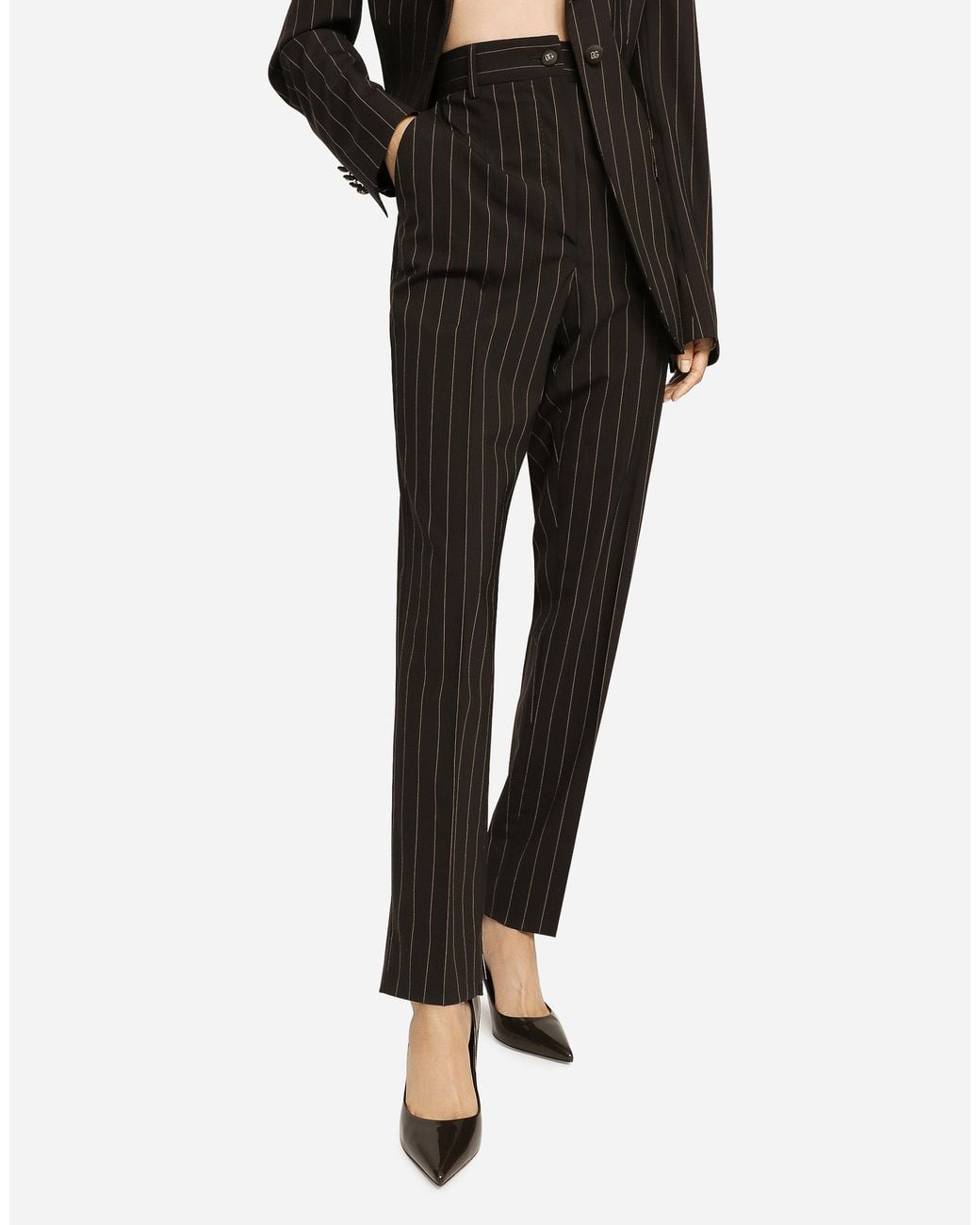 Dolce & Gabbana Black Nadelstreifenhose Aus Wolle Mit Hohem Bund