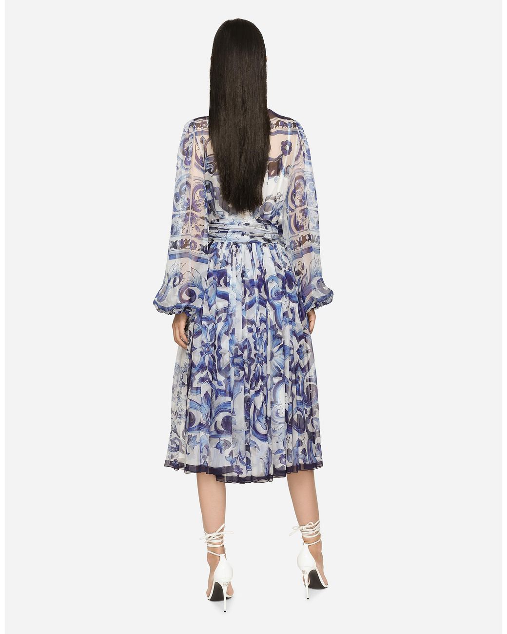 Dolce & Gabbana Blue Majolica Print Chiffon Midi Dress