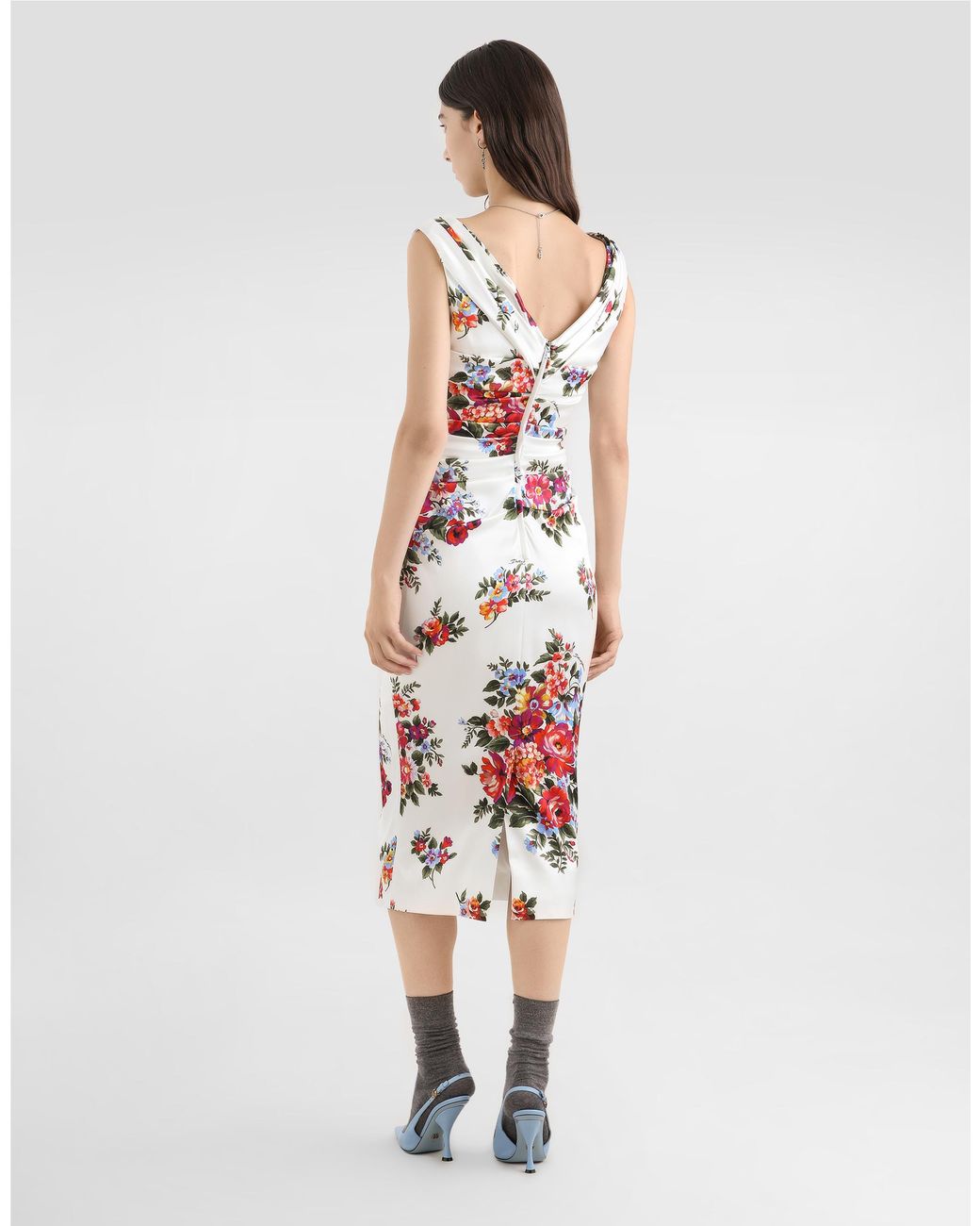 Dolce & Gabbana White Flower Bouquet-Print Satin Dress