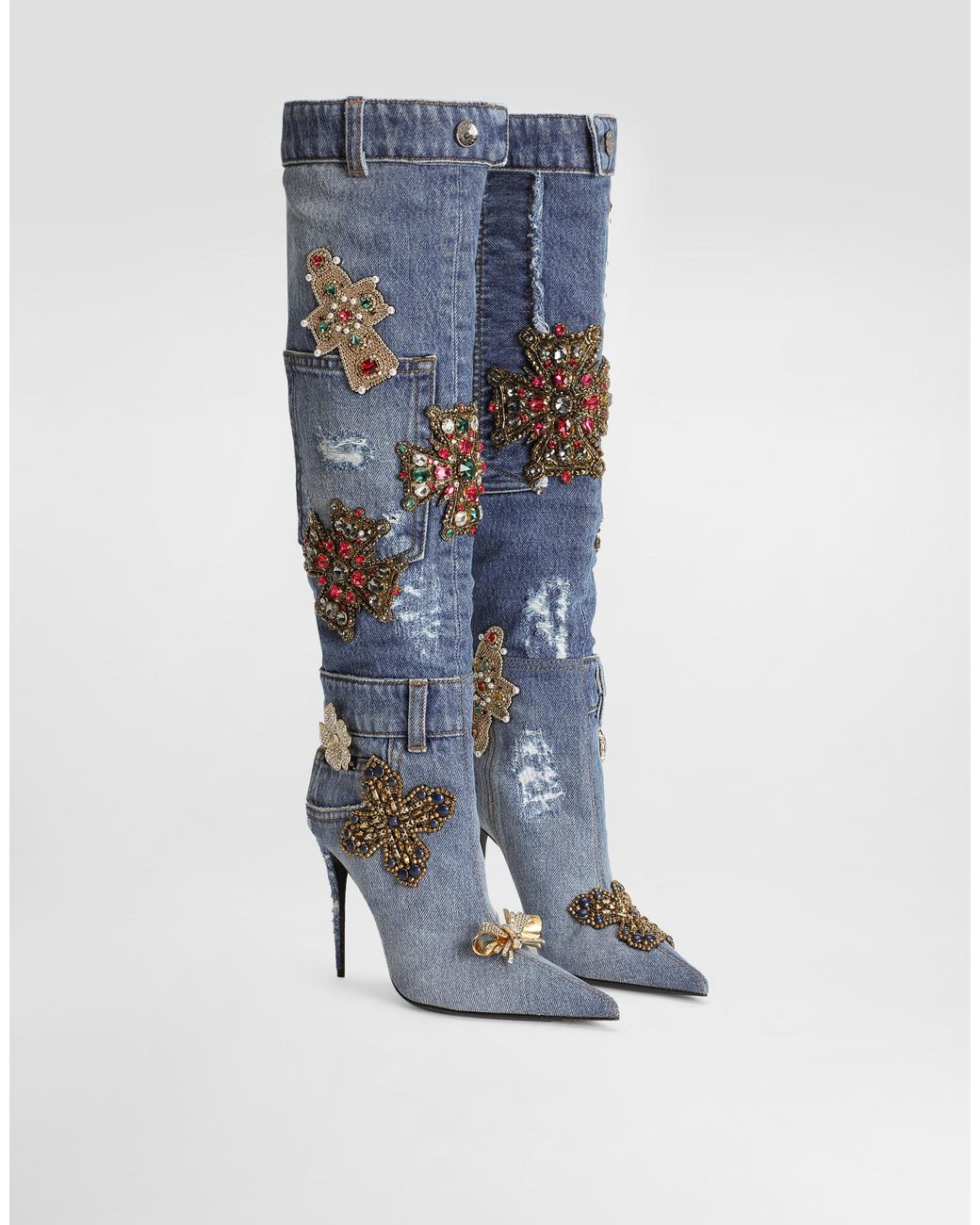 Dolce & Gabbana Blue Denim Boots With Embroidery And Stones