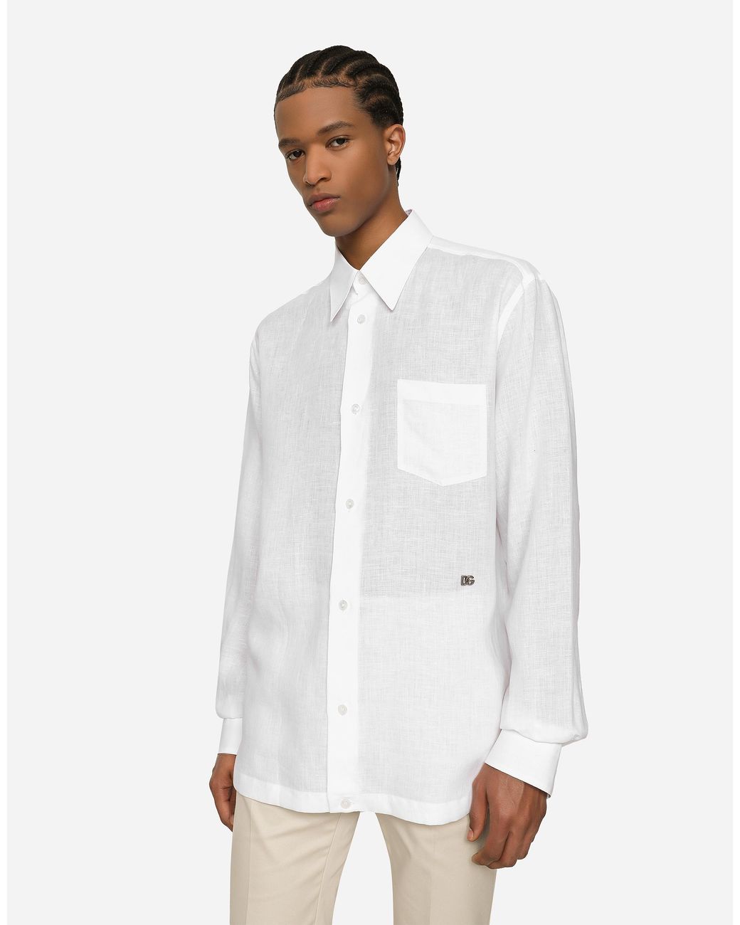 Dolce & Gabbana White Linen Hawaiian Shirt With Dg Hardware for men