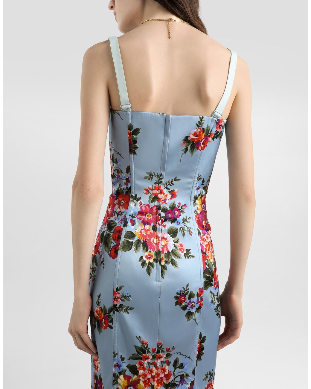 Dolce & Gabbana White Flower Bouquet-Print Satin Dress