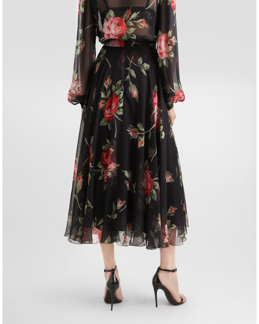 Dolce & Gabbana White Rose Bouquet-Print Chiffon Circle Skirt