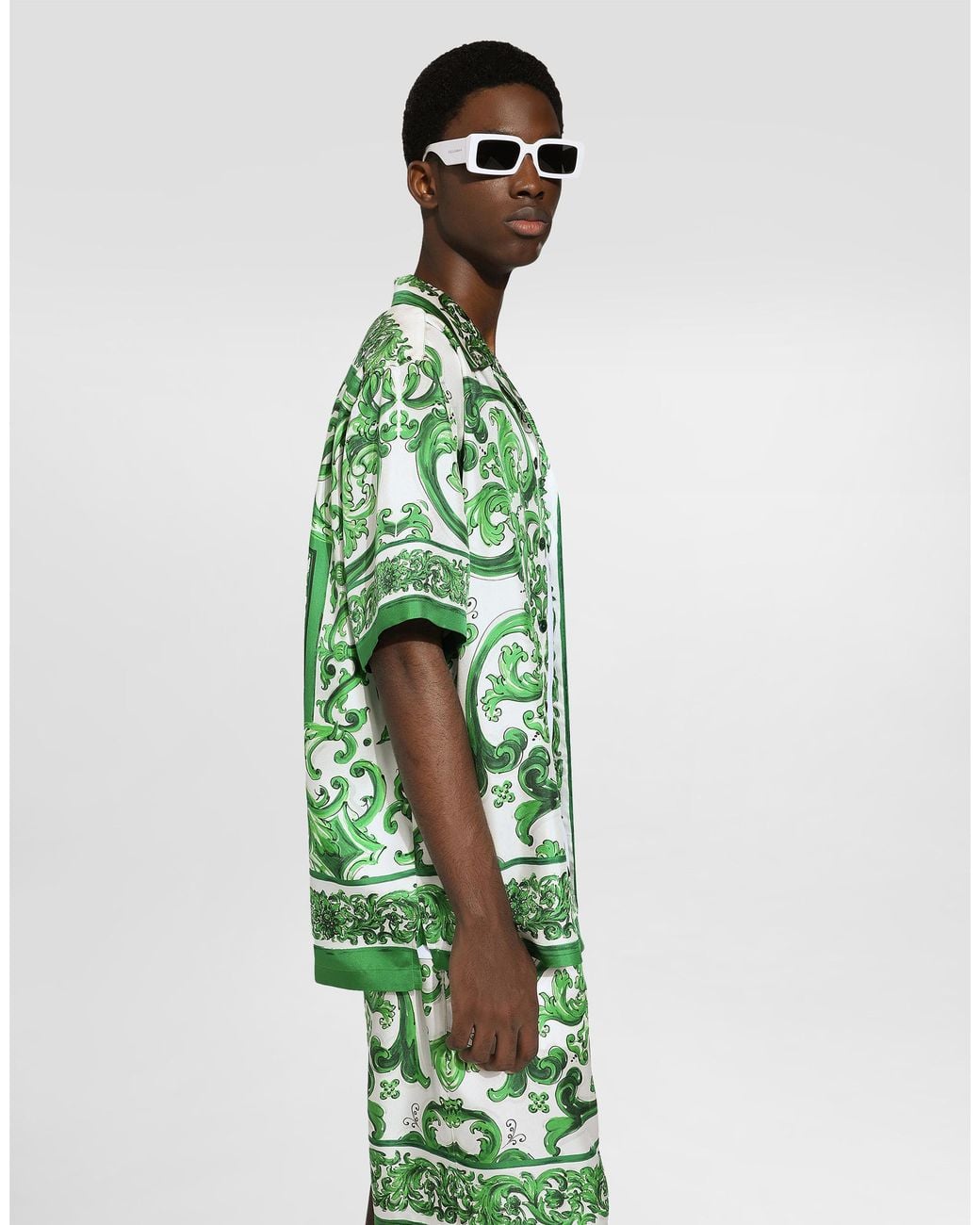 Dolce & Gabbana Green Silk Twill Hawaiian Shirt With Majolica for men