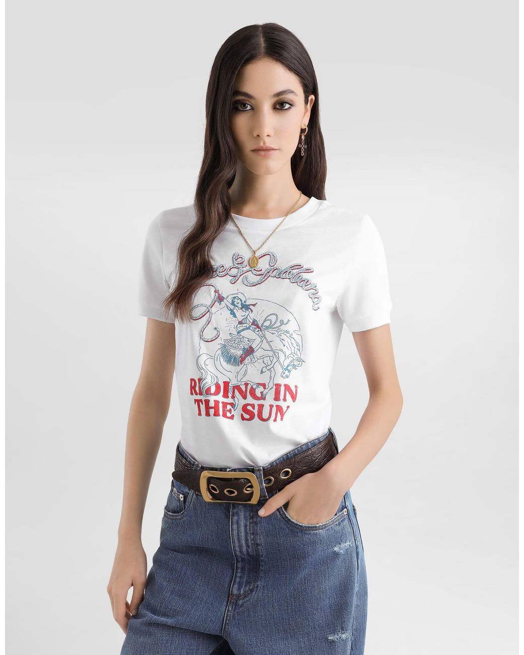 Dolce & Gabbana White Jersey T-Shirt With Print And Embroidery