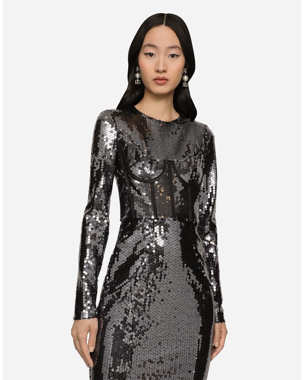 Dolce & Gabbana White Long Sequined Dress With Corset Detailing