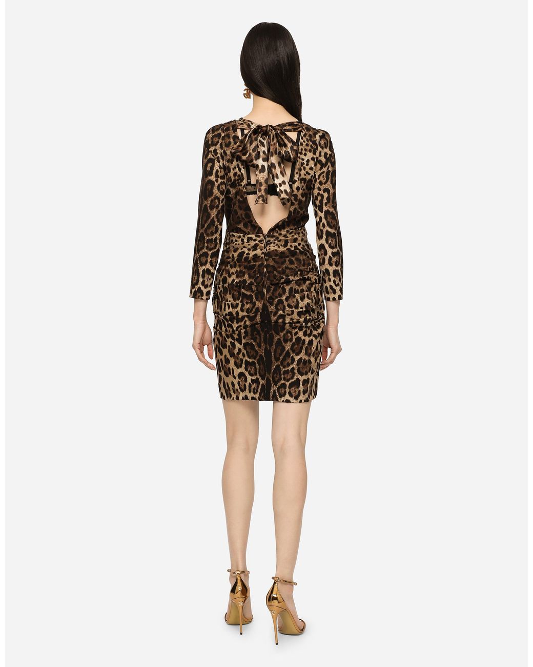 Dolce & Gabbana Multicolor Short Charmeuse Dress With Leopard Print And Tie