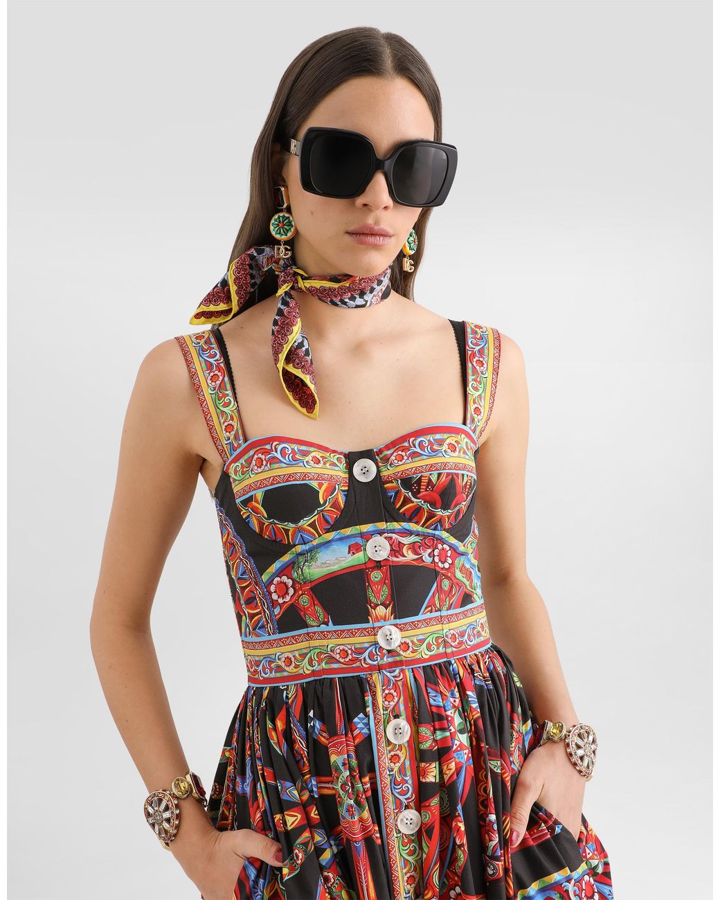 Dolce & Gabbana White Carretto-Print Poplin Long Dress