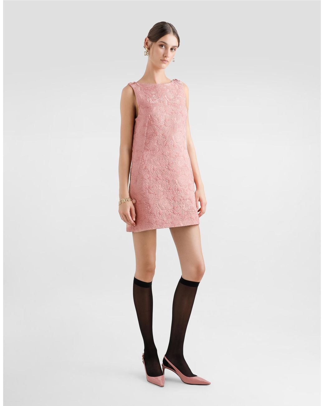 Dolce & Gabbana Pink Short Floral Quilted Jacquard Sack Dress