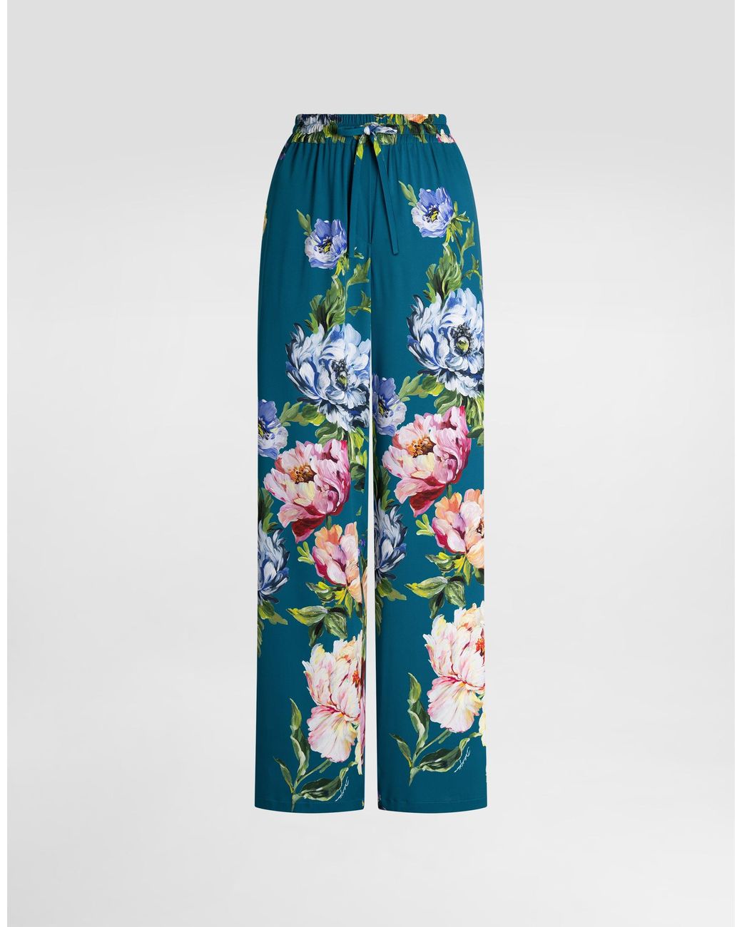 Dolce & Gabbana Blue Peony-Print Silk Vanity Trousers