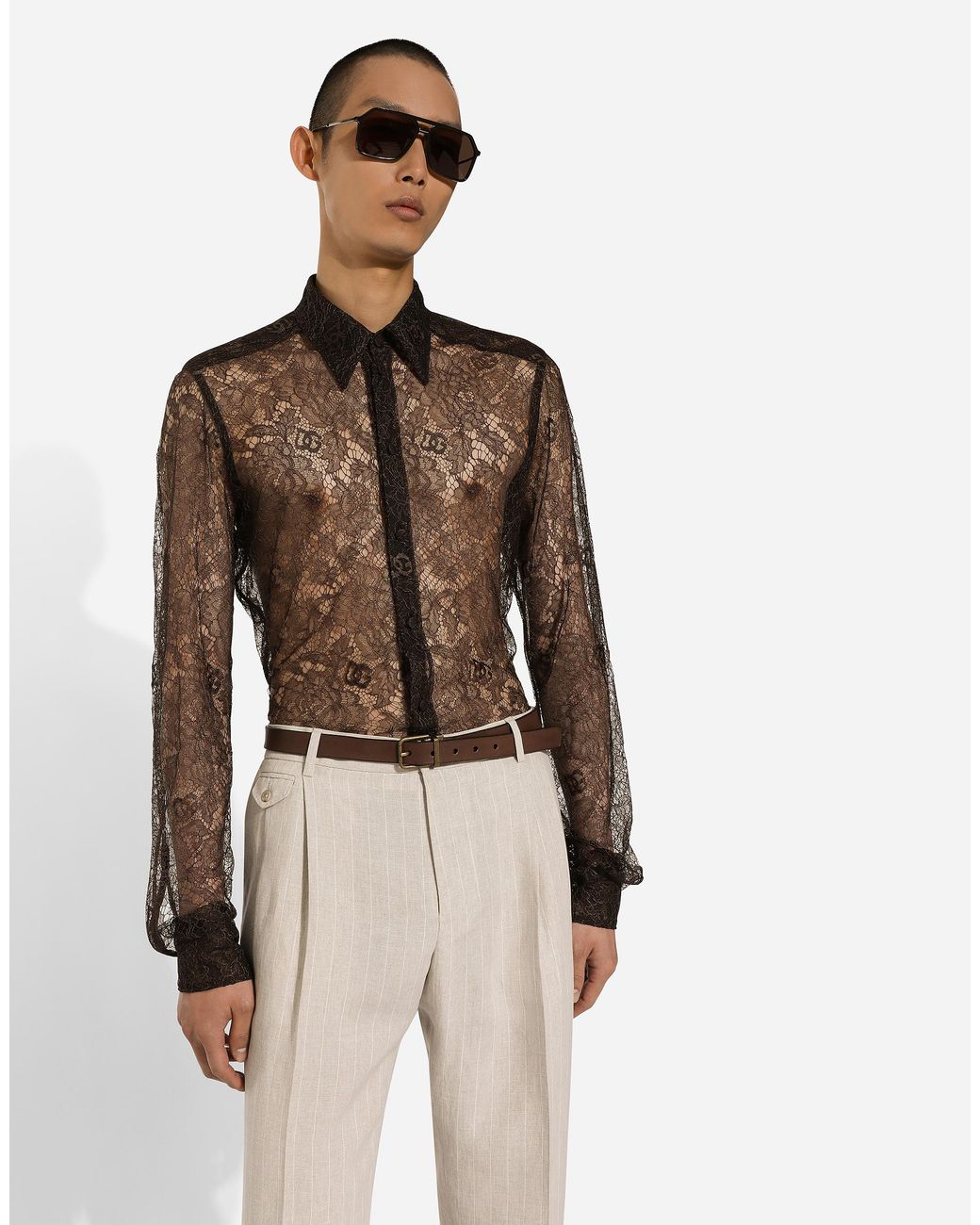 Dolce & Gabbana Brown Chantilly Lace Martini-Fit Shirt for men