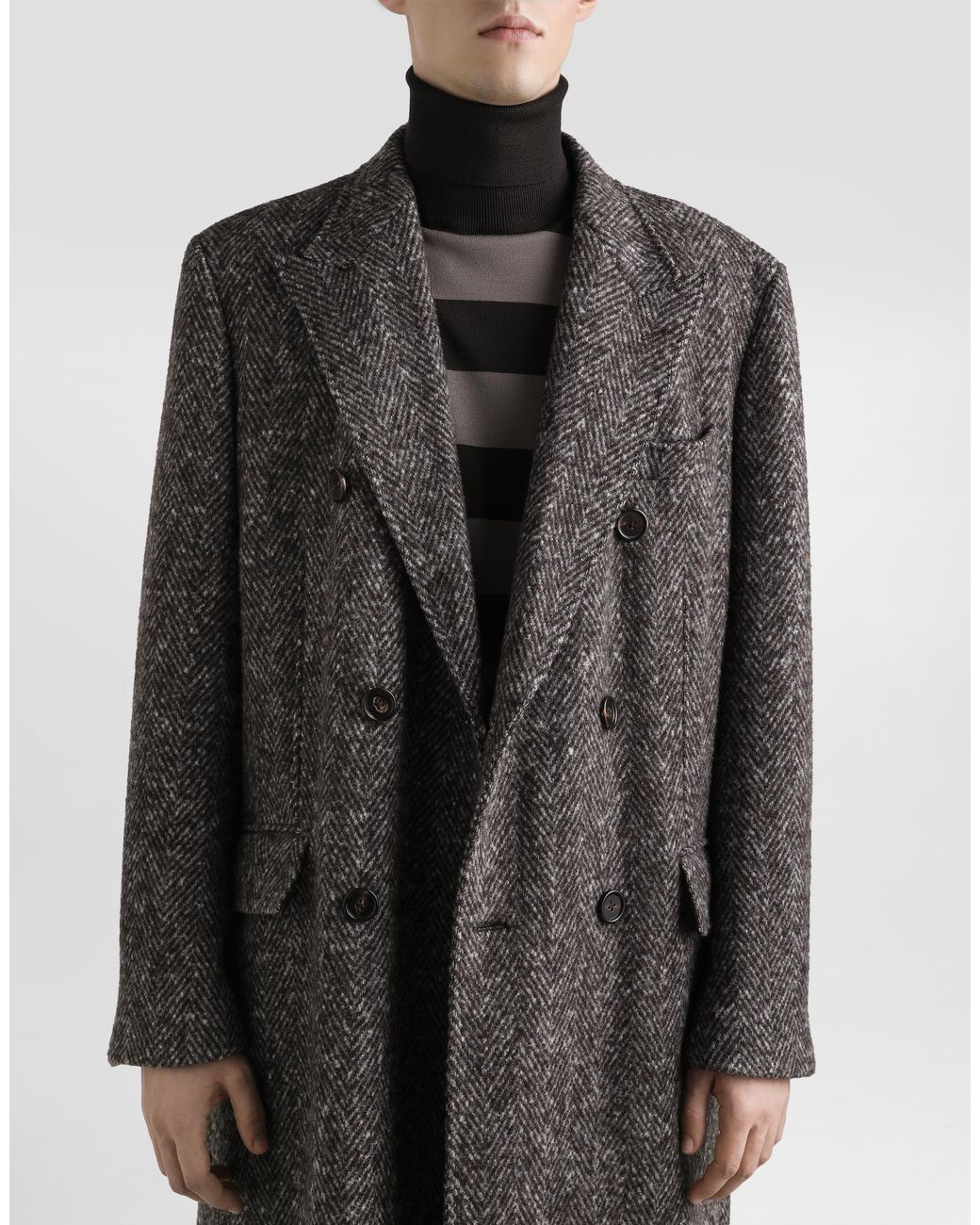 Dolce & Gabbana Gray Double-Breasted Herringbone Coat for men