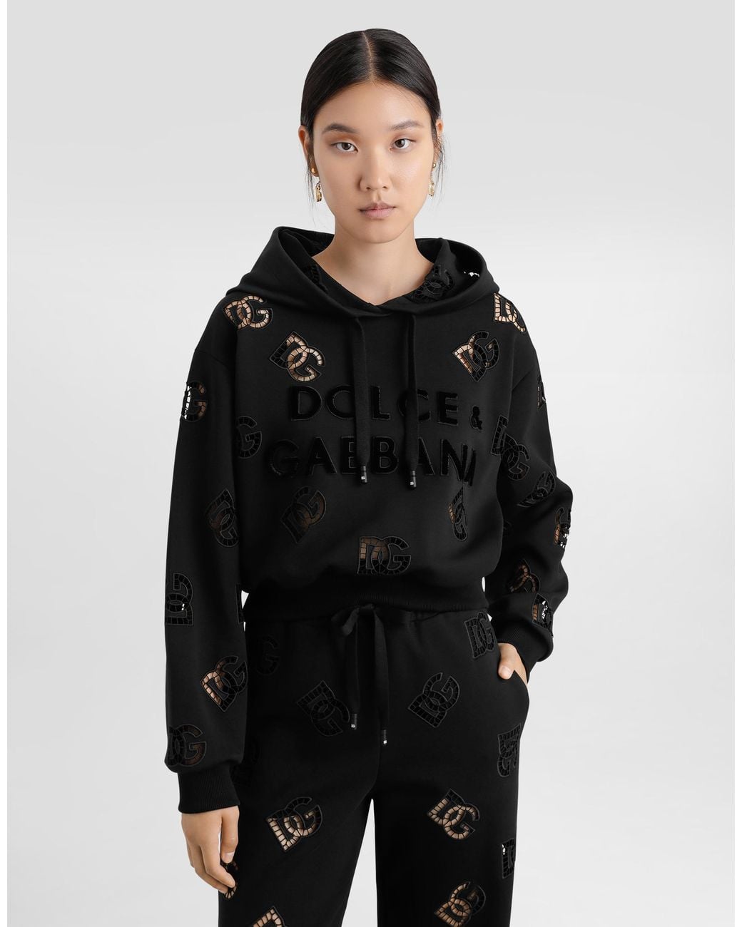 Dolce & Gabbana Black Sweatshirt Aus Jersey Mit Cut-Out-Stickerei Dg-Logo