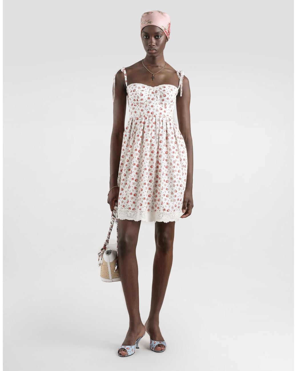 Dolce & Gabbana White Small Rose-Print Short Poplin Dress
