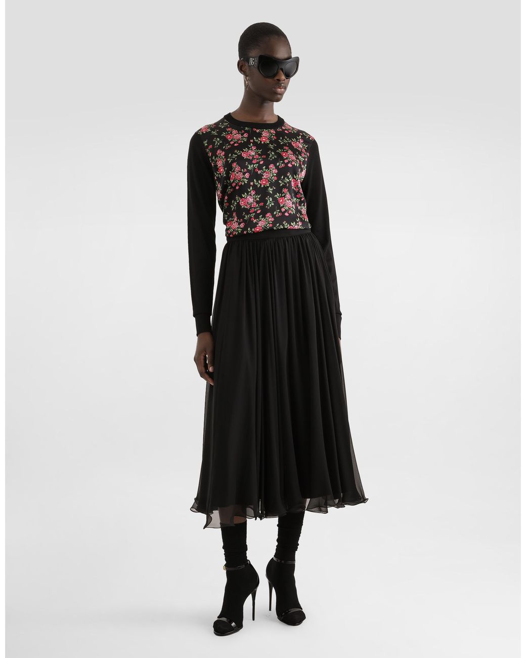Dolce & Gabbana Black Small Rose Bouquets-Print Silk And Satin Pullover