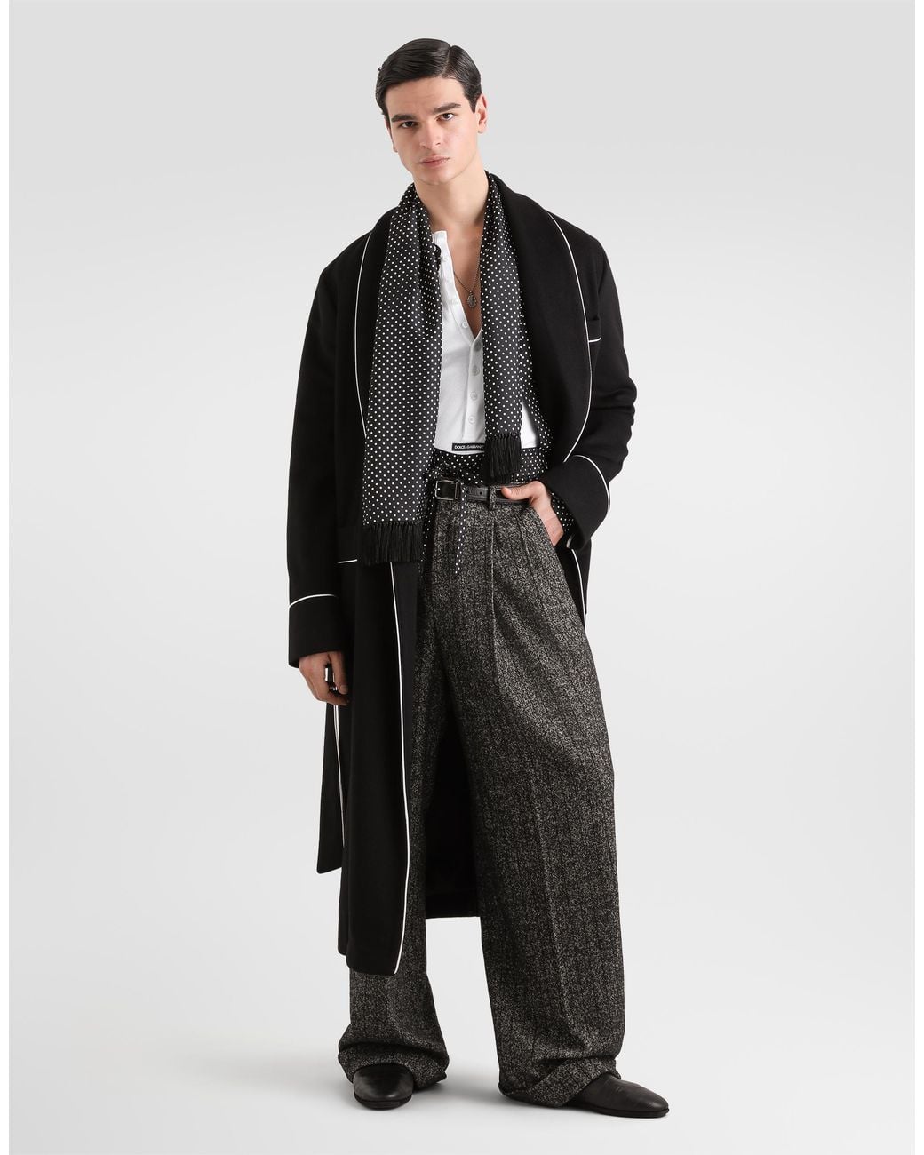 Dolce & Gabbana Gray Polka Dot-Print Silk Twill Trousers for men
