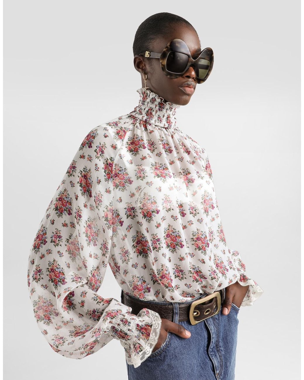 Dolce & Gabbana White Small Flower Bouquets-Print Chiffon Top