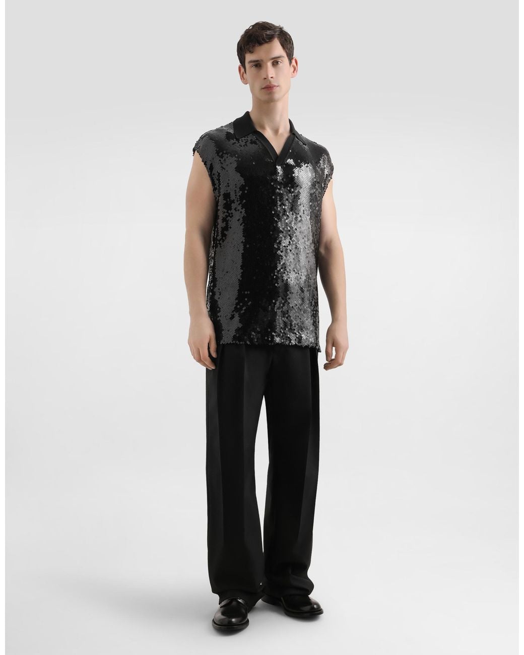 Dolce & Gabbana Black Sleeveless Polo With Sequins for men