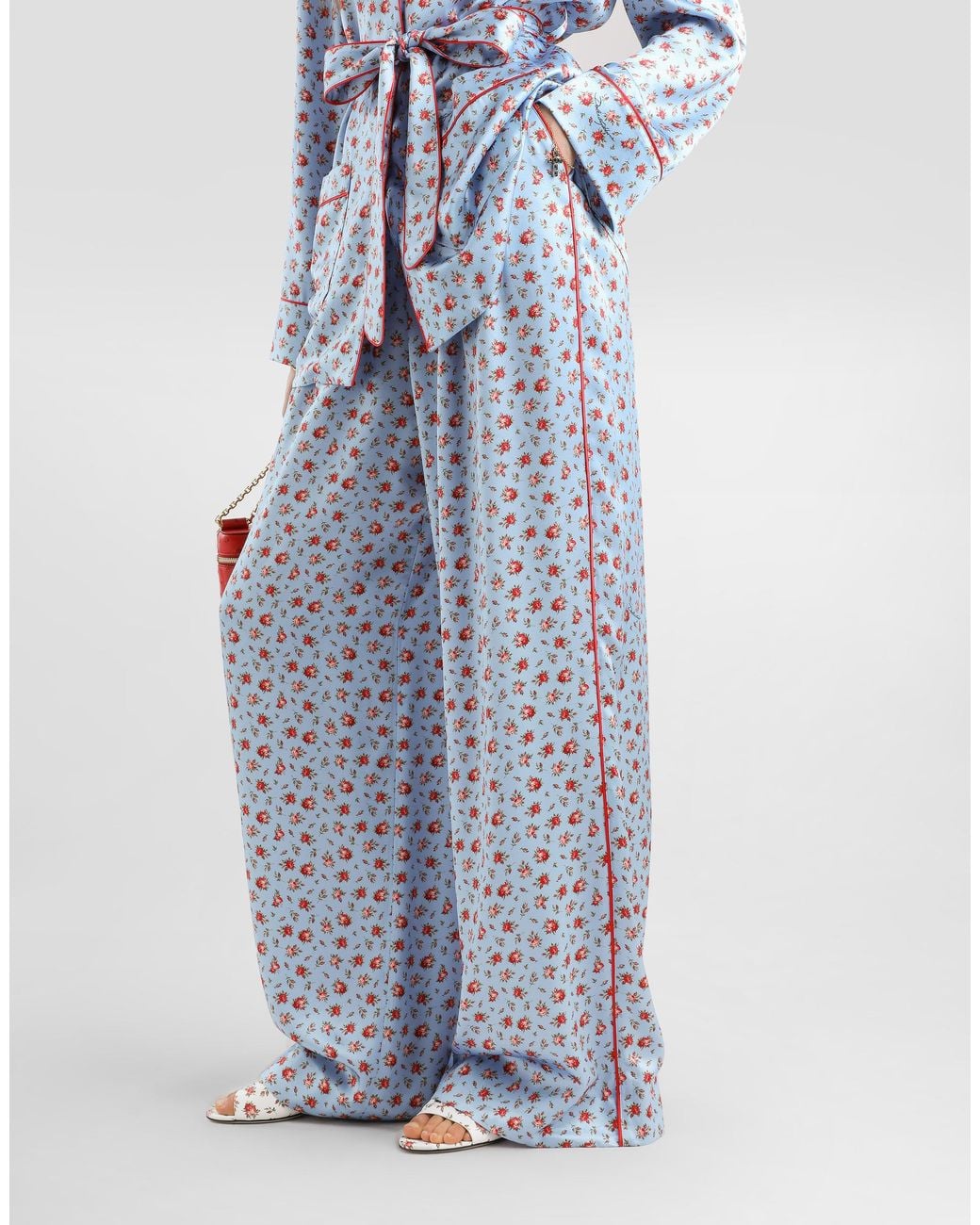 Dolce & Gabbana Blue Small Rose-Print Wide Silk Trousers