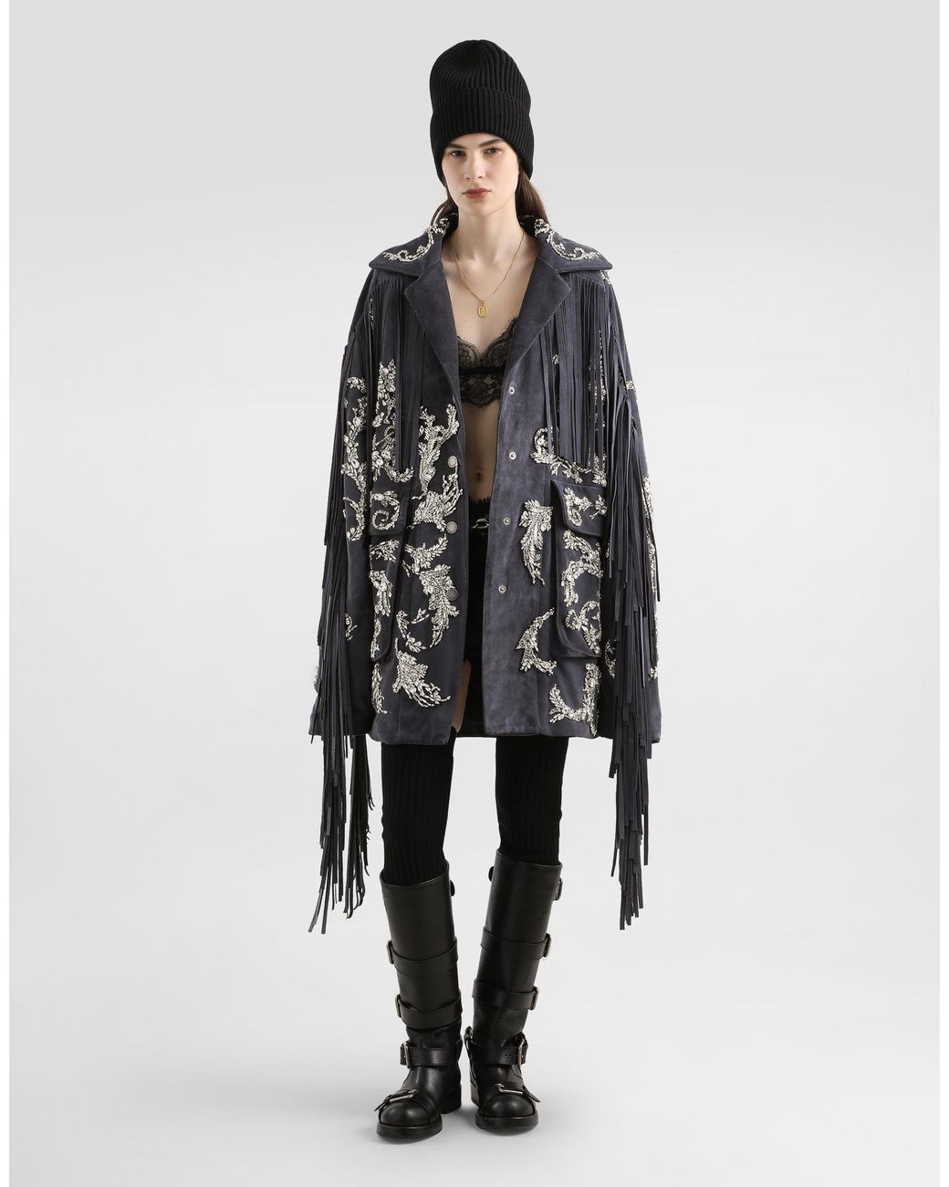 Dolce & Gabbana Black Embroidered Split Leather Jacket