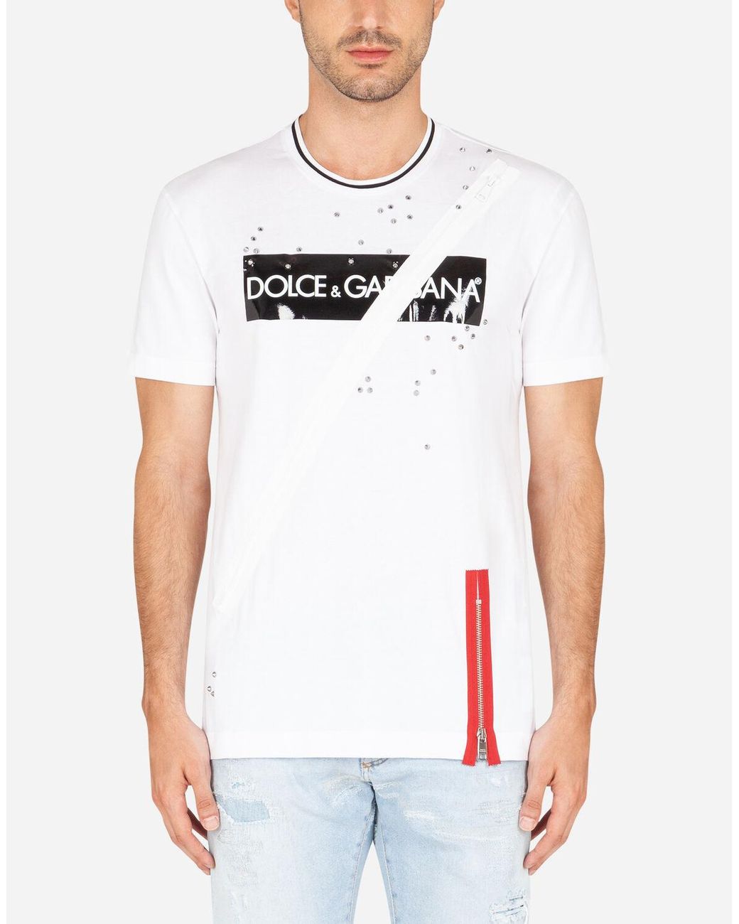 Dolce & Gabbana Denim T-shirt With Dolce&gabbana Print And Zipper in ...