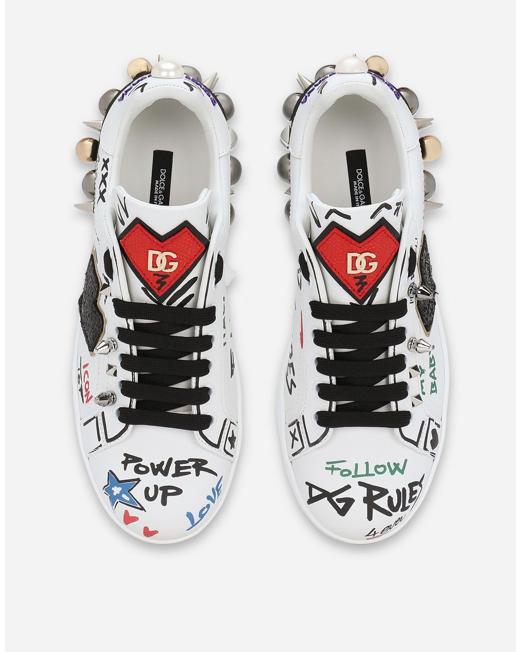 Dolce & Gabbana White Printed Leather Portofino Sneakers