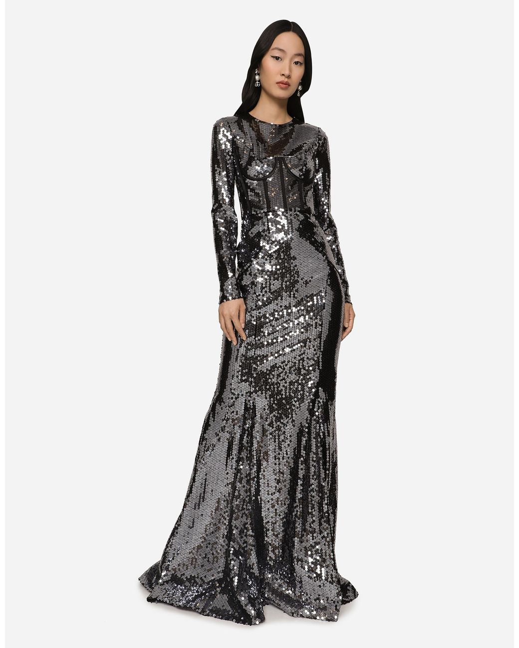 Dolce & Gabbana White Long Sequined Dress With Corset Detailing