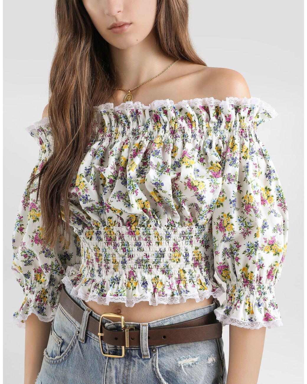 Dolce & Gabbana White Small Floral-Print Poplin Top