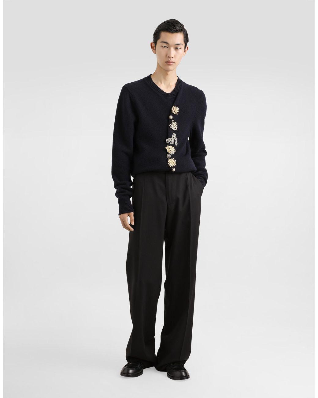 Dolce & Gabbana Blue Wool Round-Neck Sweater With Bejeweled Buttons for men