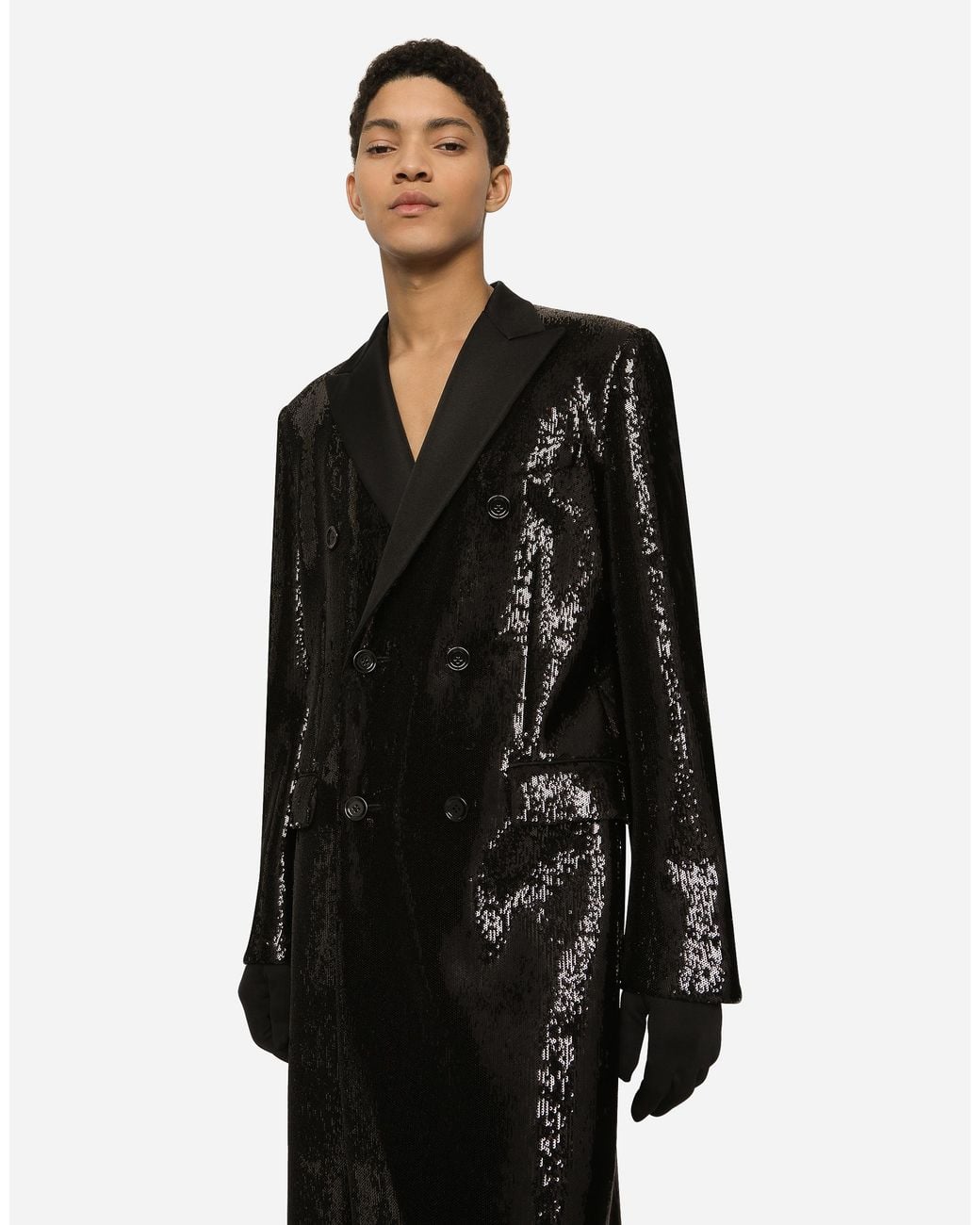 Dolce & Gabbana Black Sequined Double-Breasted Coat for men