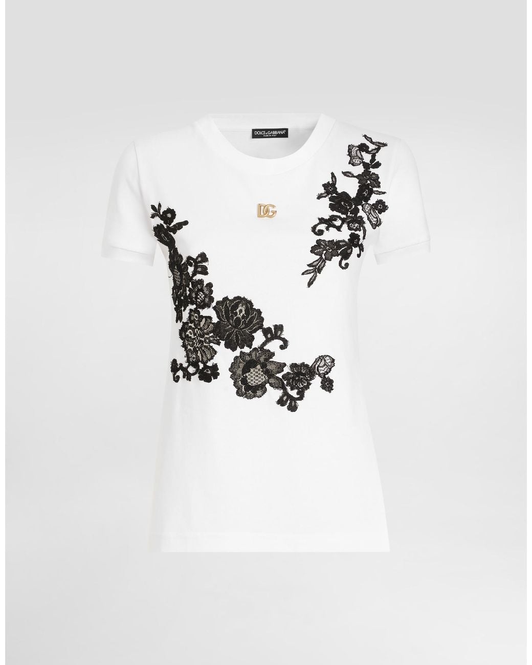 Dolce & Gabbana White Jersey T-Shirt With Dg Logo Pin And Lace Details