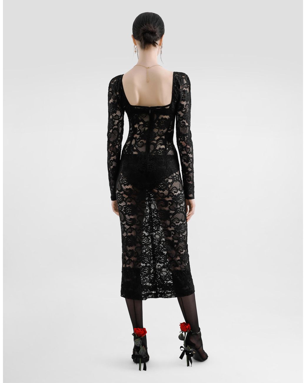 Dolce & Gabbana Black Calf-Length Floral Lace Dress With Bra-Style Cups