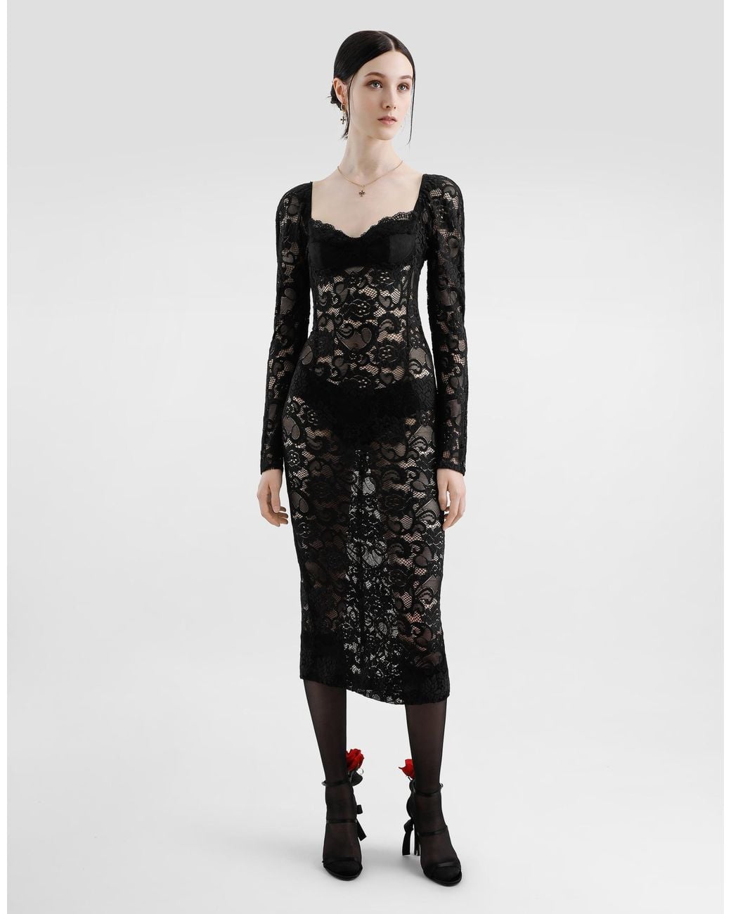 Dolce & Gabbana Black Calf-Length Floral Lace Dress With Bra-Style Cups
