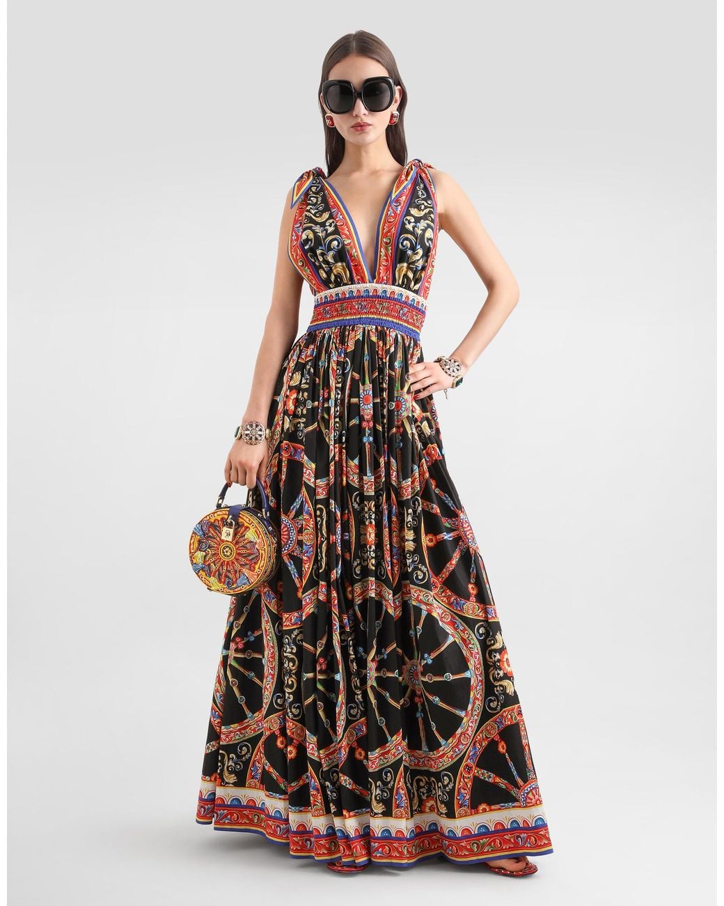 Dolce & Gabbana White Carretto-Print Long Poplin Dress