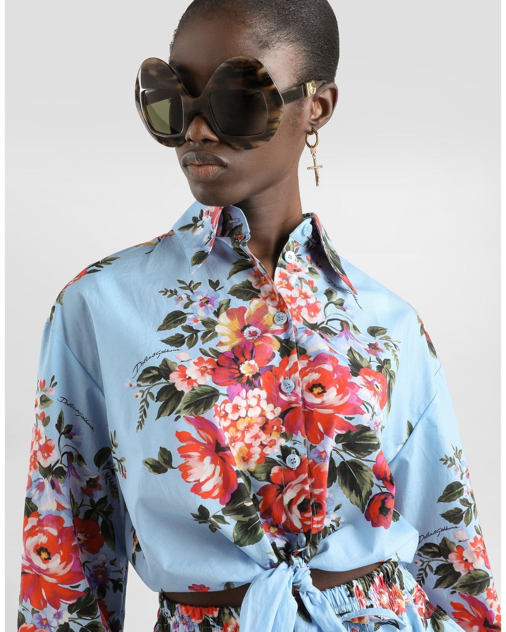 Dolce & Gabbana White Flower Bouquet-Print Cotton Shirt