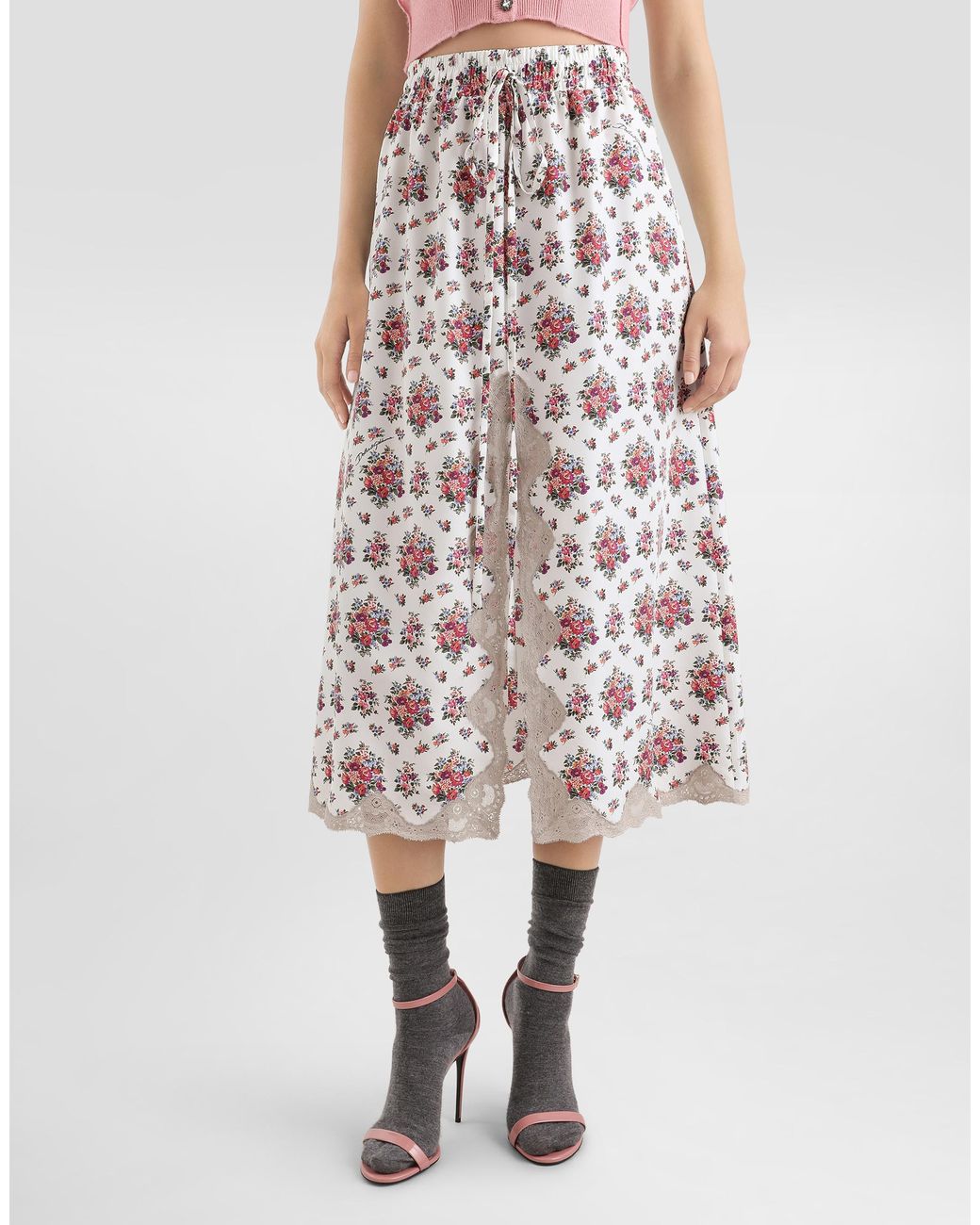 Dolce & Gabbana White Small Flower Bouquets-Print Midi Skirt