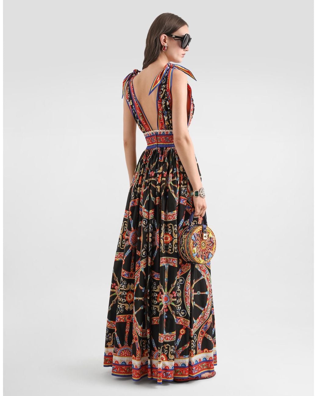 Dolce & Gabbana White Carretto-Print Long Poplin Dress