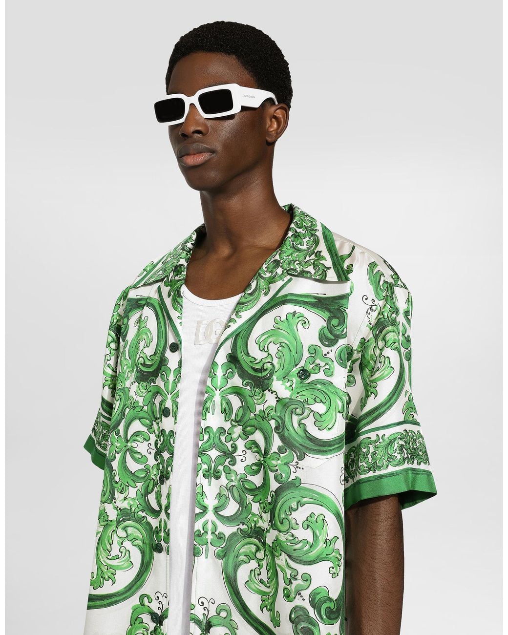 Dolce & Gabbana Green Silk Twill Hawaiian Shirt With Majolica for men